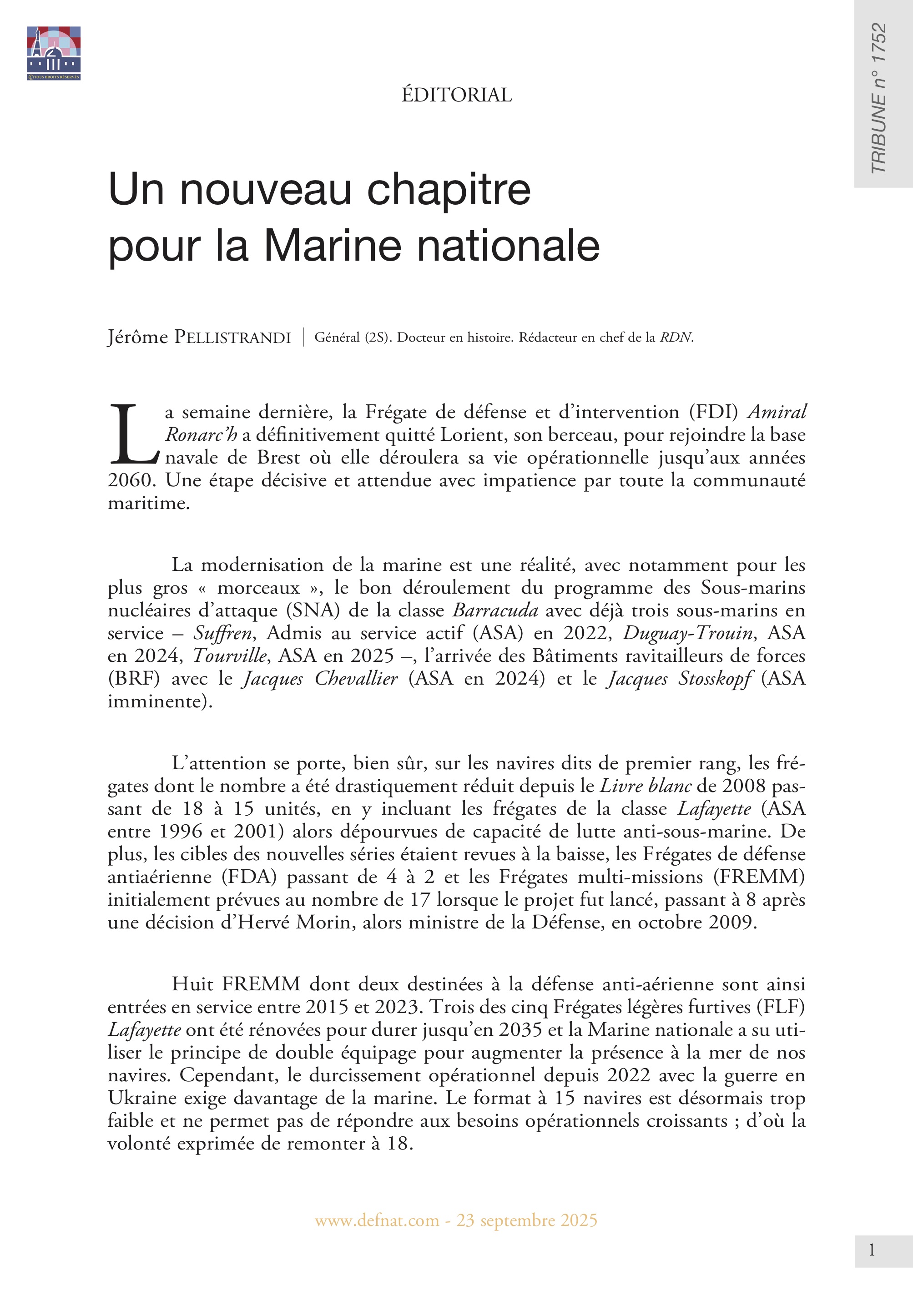 Éditorial – Un nouveau chapitre pour la Marine nationale (T 1752)
